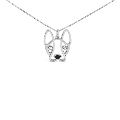 Sterling Silver Diamond Accent and Black Enamel French Bulldog Pendant Necklace