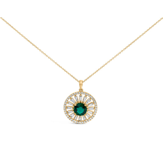 Lab-Grown Emerald and Diamond Sunburst Medallion Pendant Necklace in 14K Gold-Plated Silver