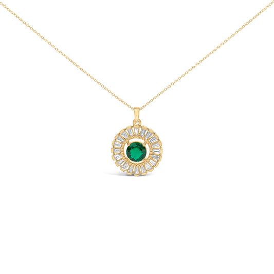 Lab-Grown Emerald and 9/10 ct Diamond Sunburst Pendant Necklace in 14K Gold-Plated Silver