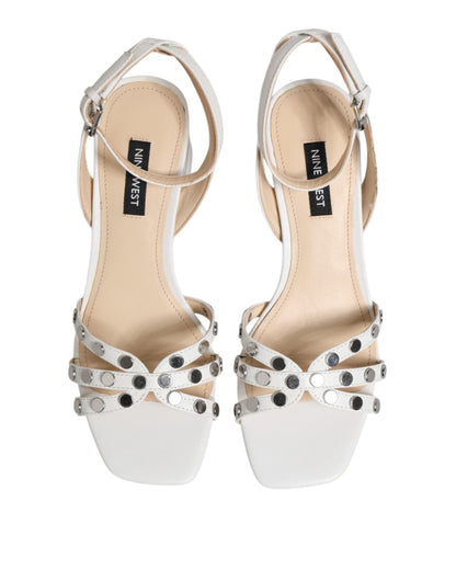 White Block Heeled Studded Wrap Strap Sandals Shoes