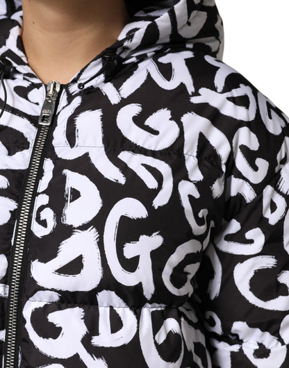 Dolce & Gabbana Black White DG Mania Hooded Long Coat Jacket