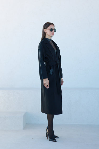 Logan Leather Trim Cashmere Blend Overcoat in Black