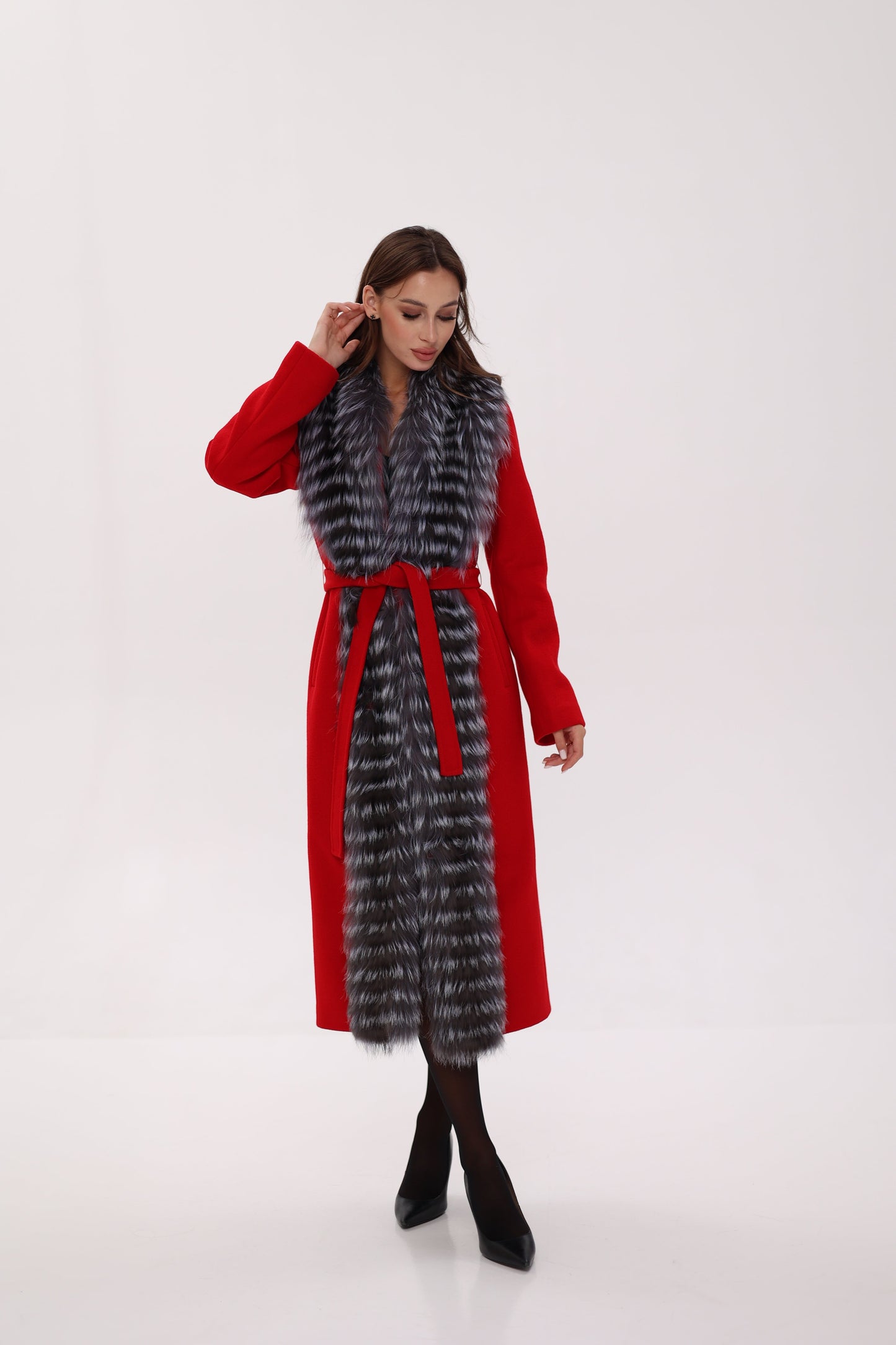 Silver Fox Virgin Wool Wrap Coat in Red