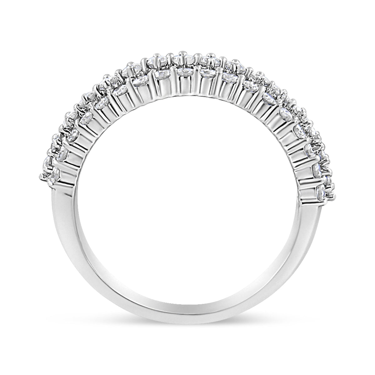 14K White Gold Round Diamond Split Shank Three Row Band Ring
