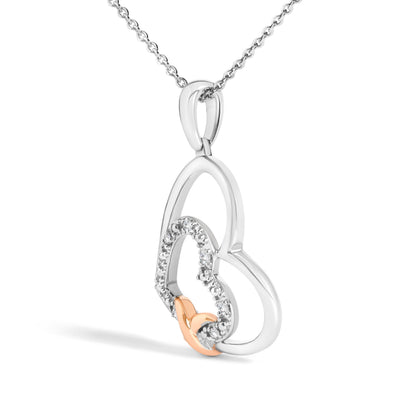 Sterling Silver and 10K Rose Gold Diamond Double Heart Pendant Necklace