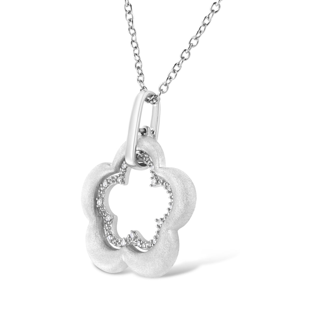 Sterling Silver Diamond Double Flower Pendant Necklace