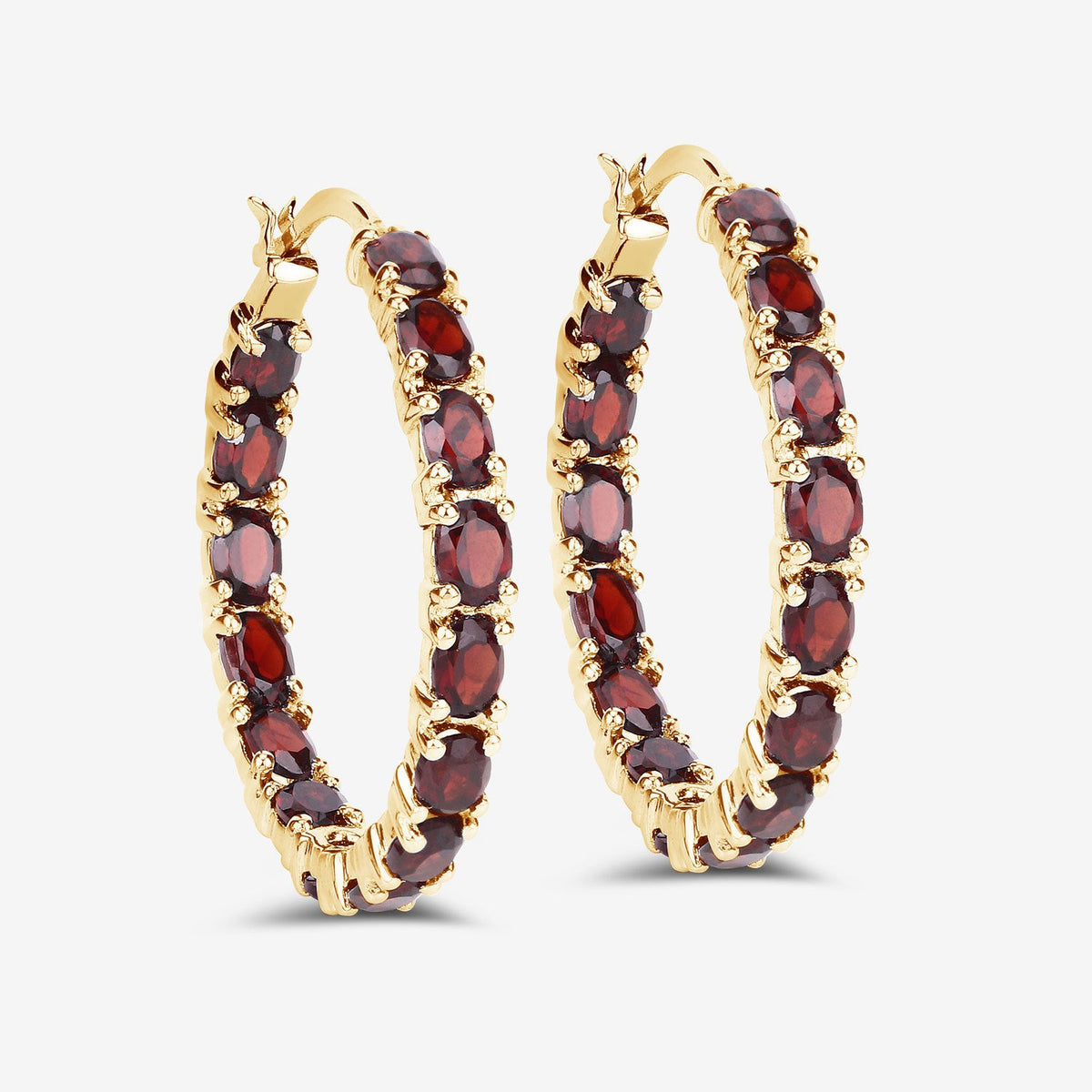 Sterling Silver 14K Yellow Gold Plated Garnet Hoop Earrings