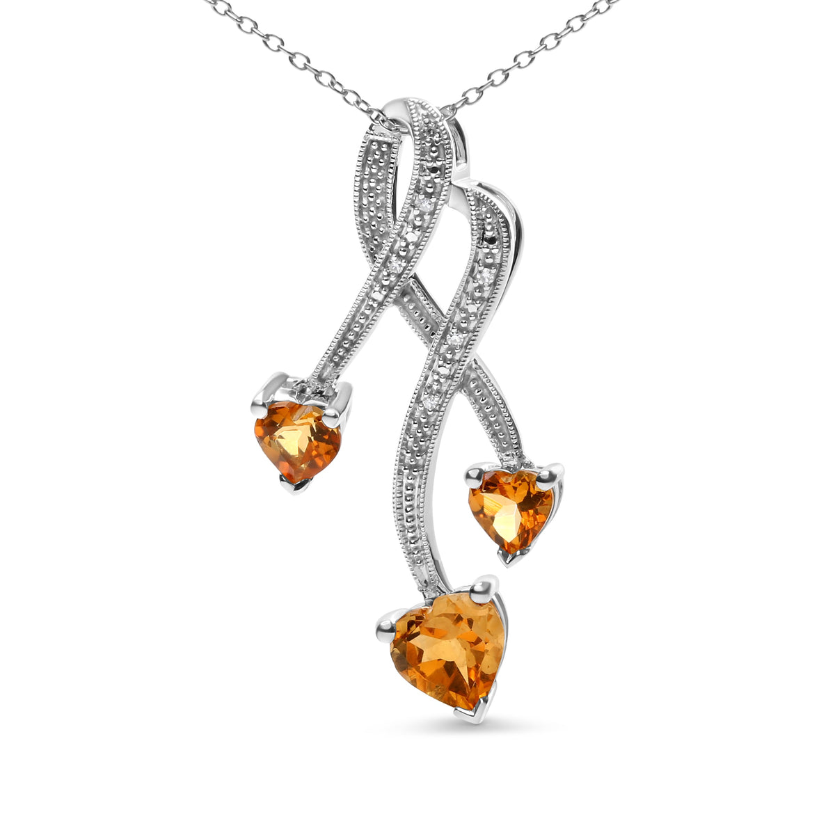 Sterling Silver Citrine and Diamond Heart Spiral Drop Pendant Necklace