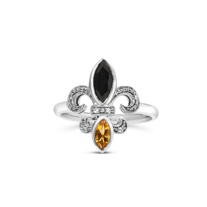 Sterling Silver Black Onyx, Yellow Citrine, and Diamond Accent Fleur De Lis Ring