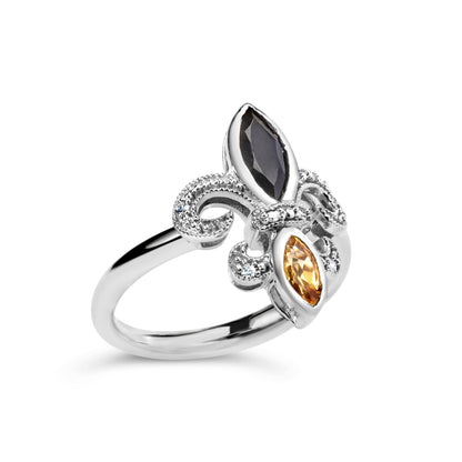 Sterling Silver Black Onyx, Yellow Citrine, and Diamond Accent Fleur De Lis Ring