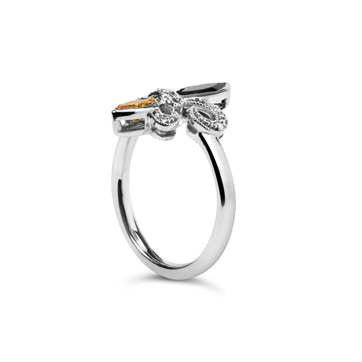 Sterling Silver Black Onyx, Yellow Citrine, and Diamond Accent Fleur De Lis Ring