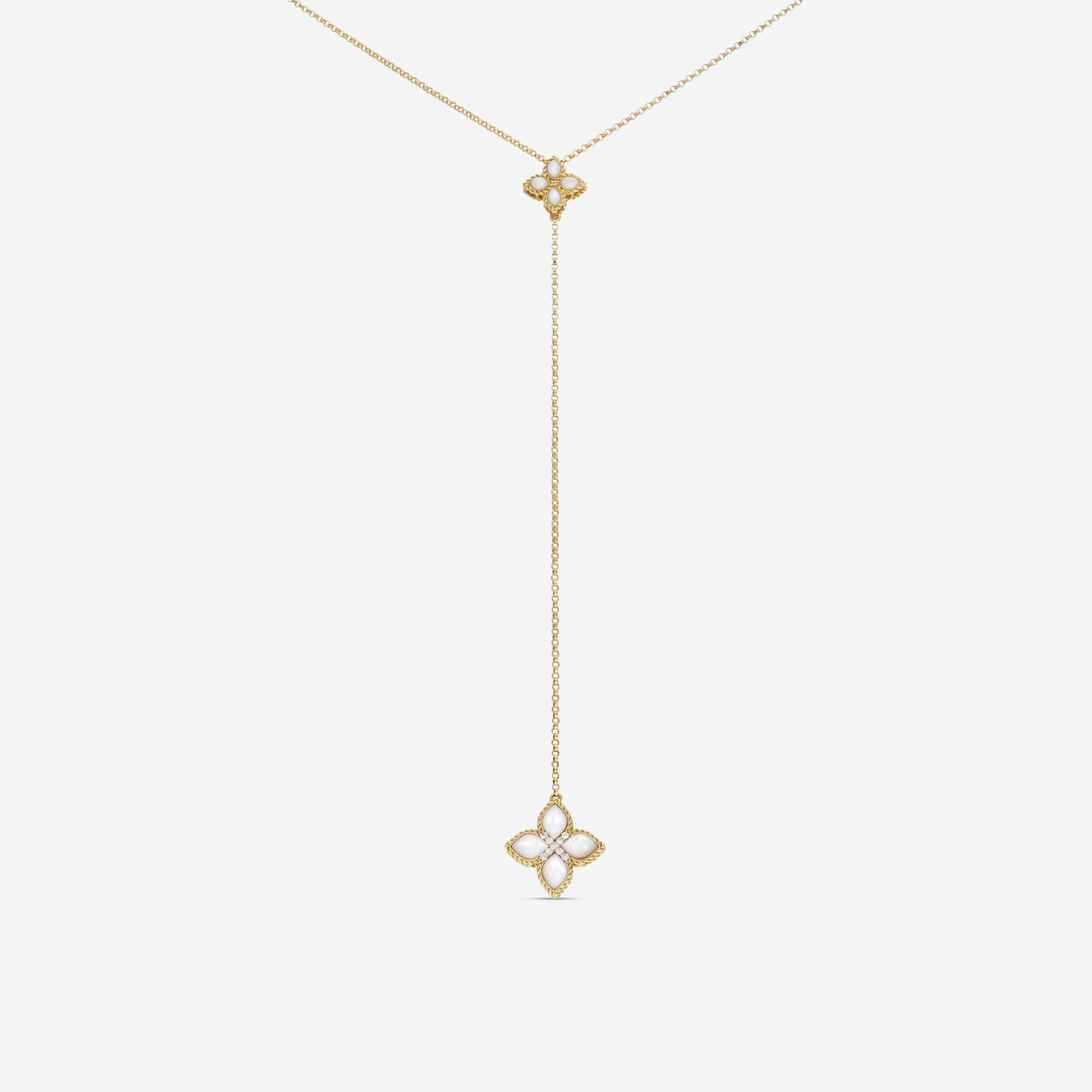 SIGNED PIECES GROUP Roberto Coin Venetian Princess 18K Yellow Gold Diamond & Mother of Pearl Flower Lariat Necklace