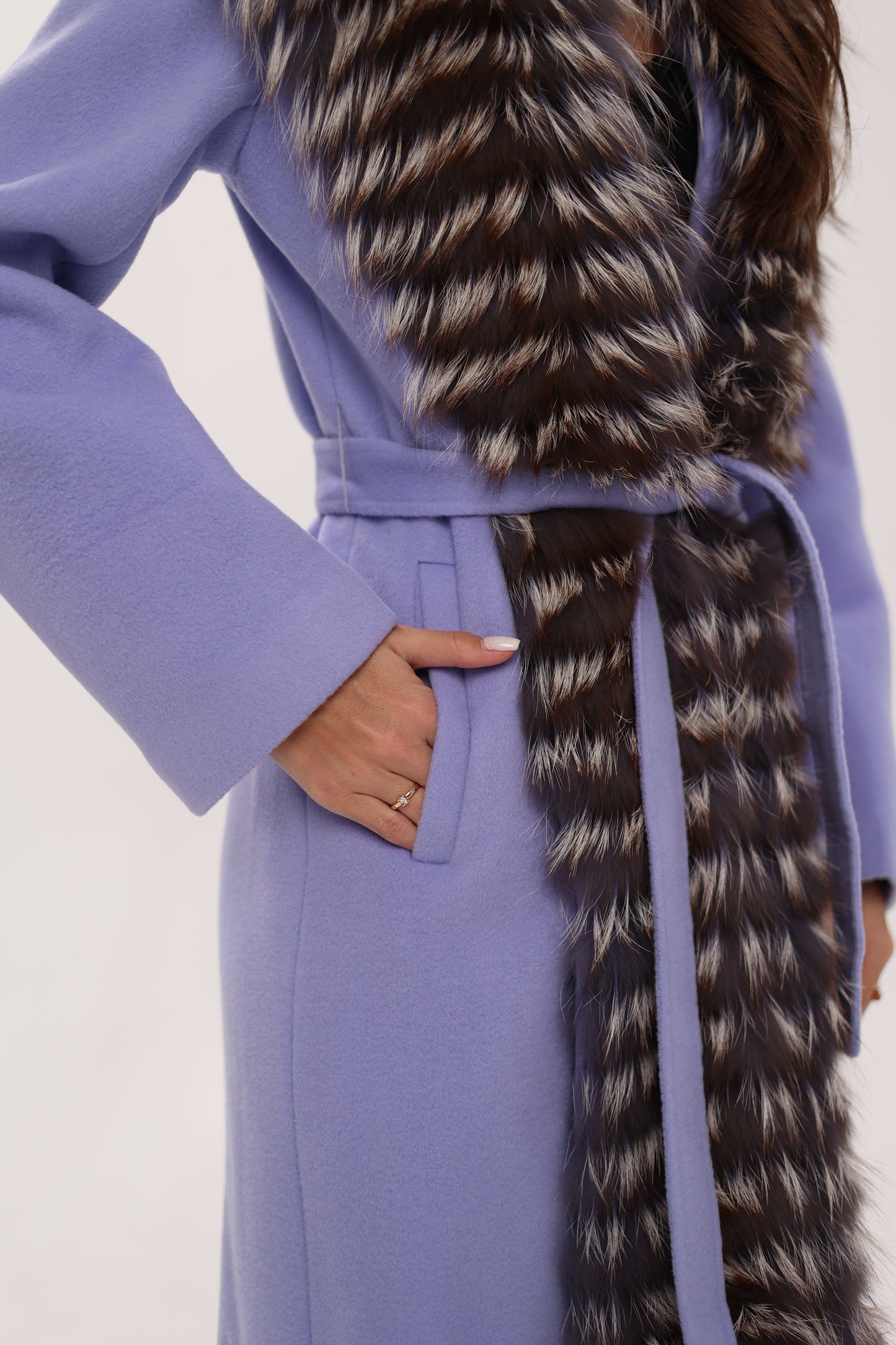 Silver Fox Virgin Wool Wrap Coat in Lavender