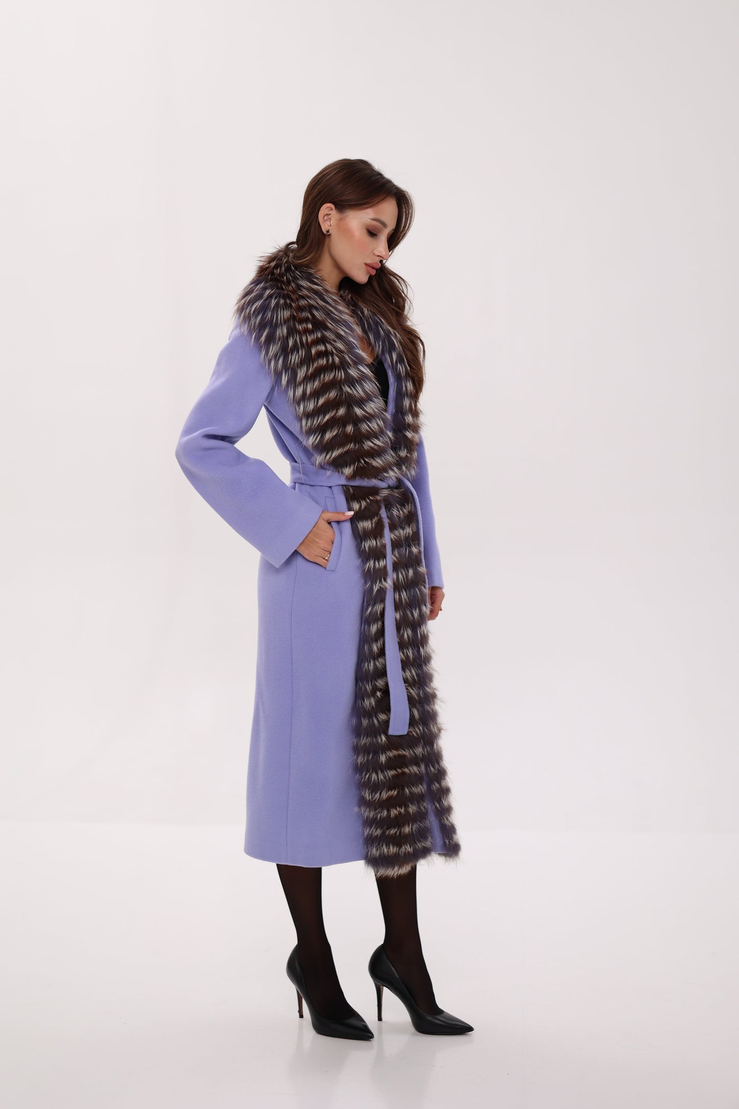 Silver Fox Virgin Wool Wrap Coat in Lavender