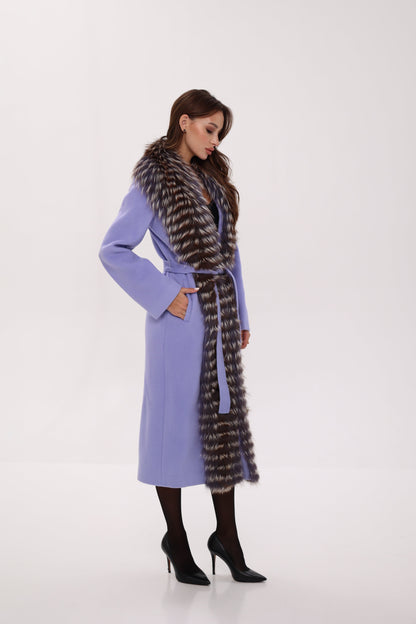 Silver Fox Virgin Wool Wrap Coat in Lavender