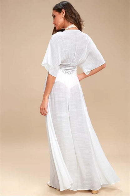 Slubbed Fabric Stitching Lace Beach Cover up Sexy Cardigan Vacation Sun Protection Shirt Bikini Cover