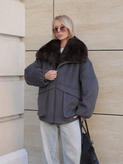 Rimini Genuine Fur Trim Wool Blend Parka in Graphite