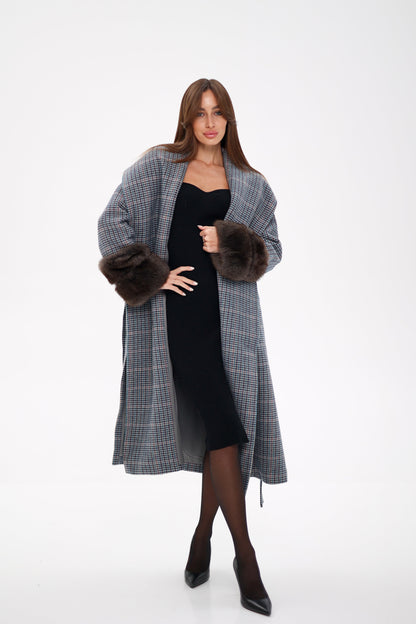 Polar Fox Fur Virgin Wool Wrap Coat
