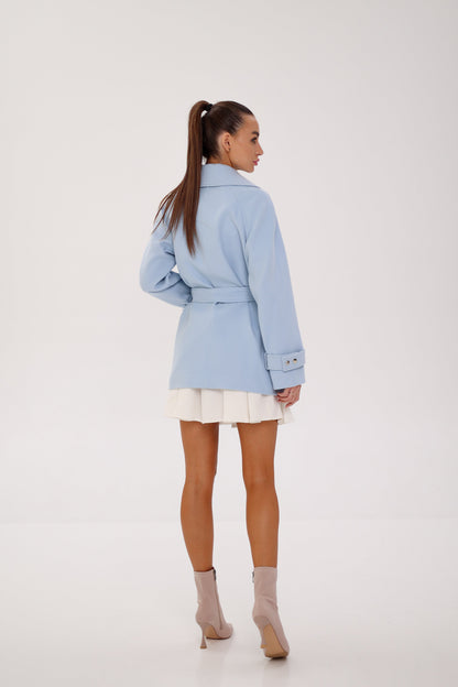 Karina Midi Belted Wool Cashmere Blend Overcoat in Sky Blue