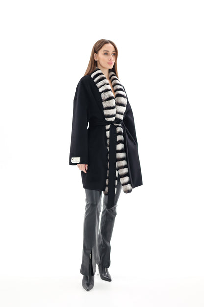 French Orylag Fur Italian Cashmere Wool Coat 85cm