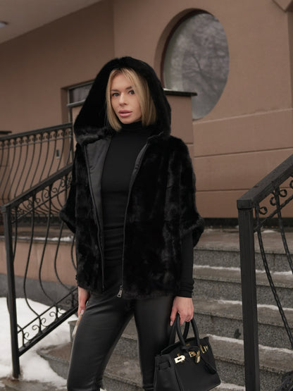 Genuine Scandinavian Mink Fur Poncho with Fully Lined Mink Hood