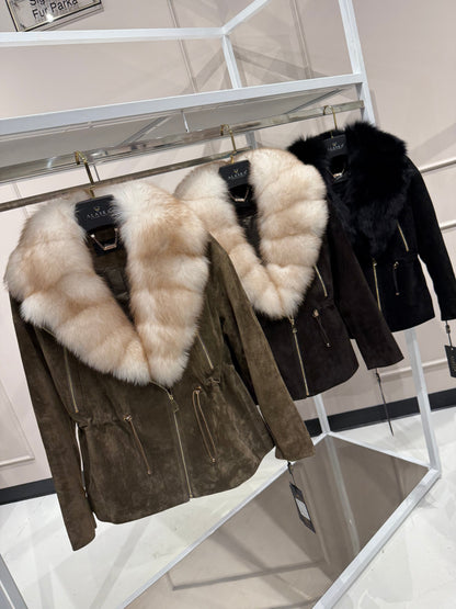 Vivienne Genuine Suede Polar Fox Trim Coat in Olive