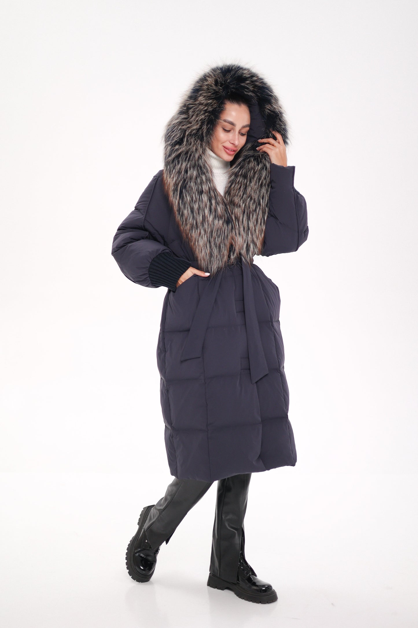 Rei Fur Trim Hooded Down Coat Navy