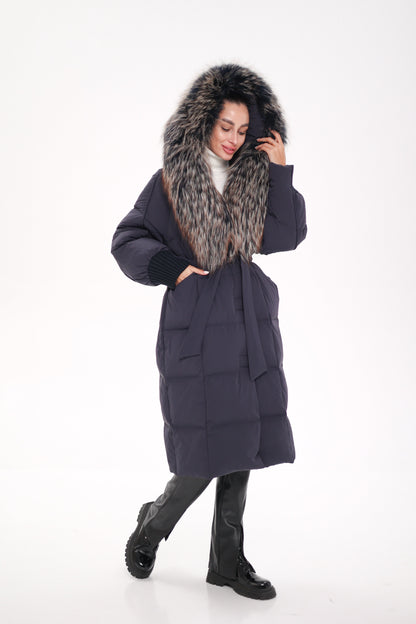 Rei Fur Trim Hooded Down Coat Navy