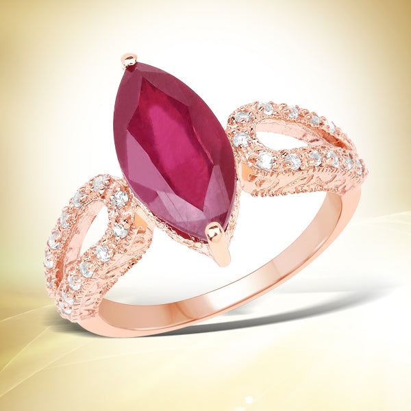 14K Rose Gold Plated Sterling Silver Glass Filled Ruby and White Topaz Ring