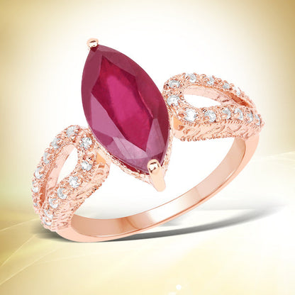 14K Rose Gold Plated Sterling Silver Glass Filled Ruby and White Topaz Ring