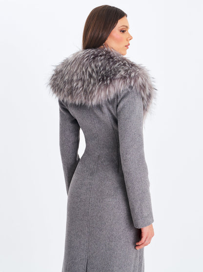 Faye Grey Wool Blend Single-Breasted Coat with Removable Faux Fur Collar
