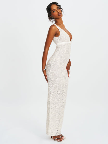 Adelaide White Beaded Sequin Net Bodycon Gown