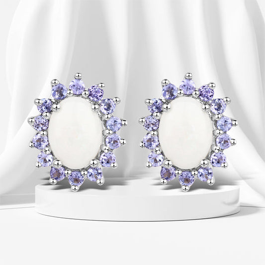 Sterling Silver Opal and Tanzanite Stud Earrings