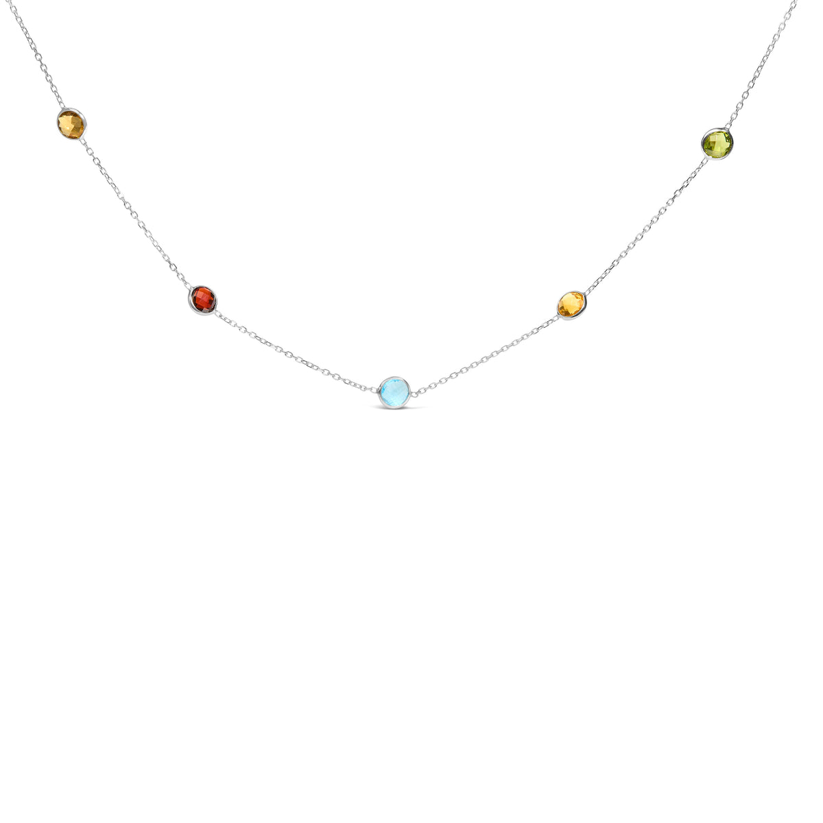 14K White Gold Mixed Gemstone Bezel Station Adjustable Necklace