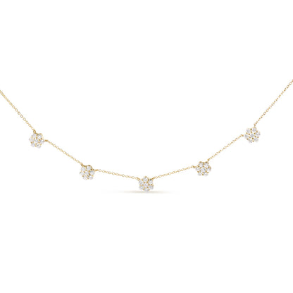 14K Yellow Gold Diamond Cluster Station Necklace