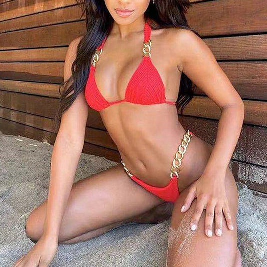 Halter Retro Bikinis Triangle Swimsuit Women Diamond Chain Bathing Suits Conjunto Biquinis Feminino Trajes De BañO Mujer