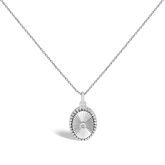 14K White Gold Diamond Oval Fluted Medallion Pendant Necklace