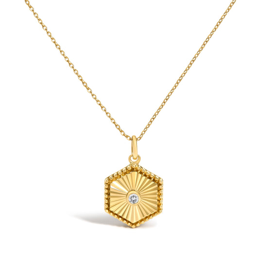 14K Yellow Gold Diamond Fluted Hexagon Medallion Necklace