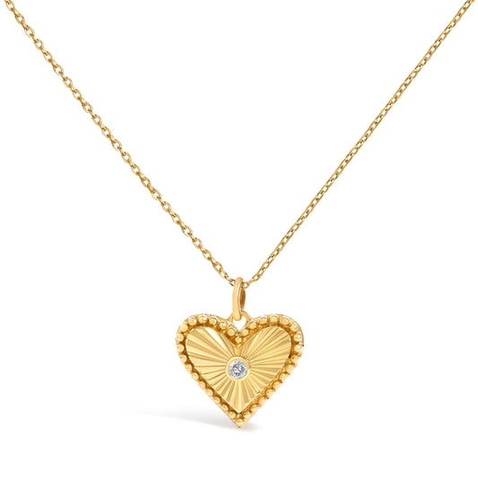 14K Yellow Gold Diamond Fluted Heart Medallion Necklace