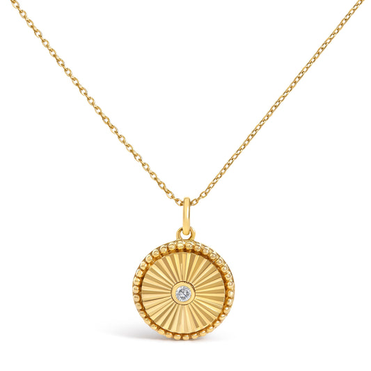 14K Yellow Gold Diamond Fluted Medallion Pendant Necklace