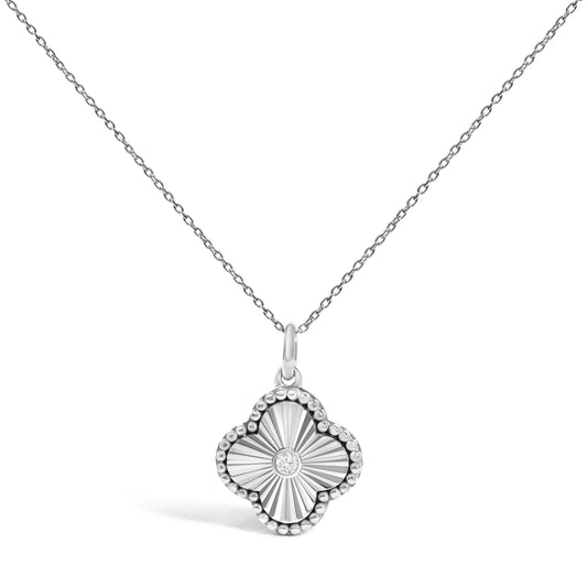 10K White Gold Diamond Fluted Clover Pendant Necklace