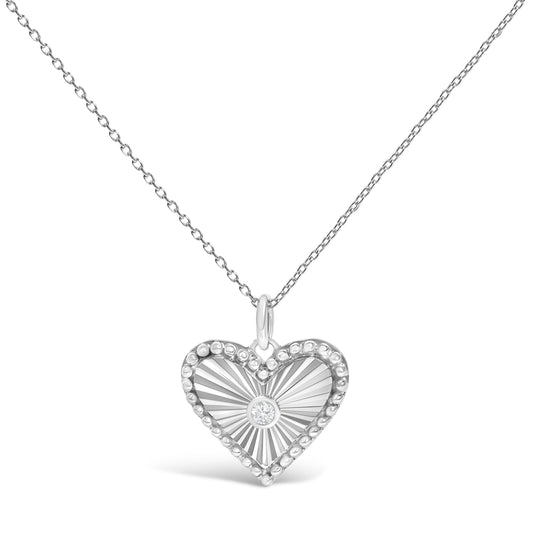 10K White Gold Diamond Heart Fluted Medallion Pendant Necklace