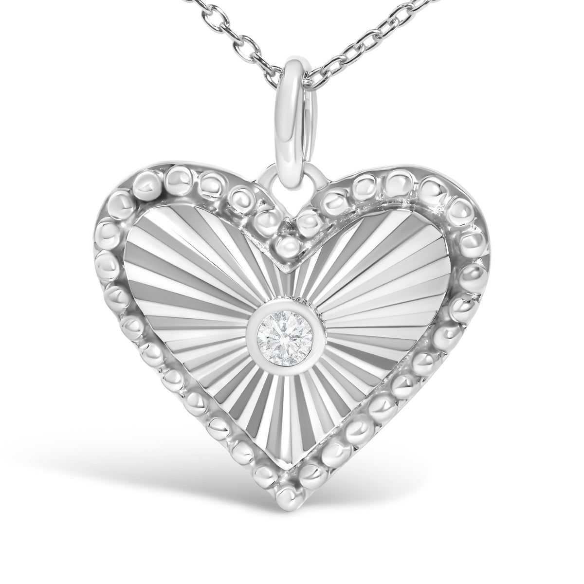 10K White Gold Diamond Accent Heart Fluted Medallion Pendant Necklace