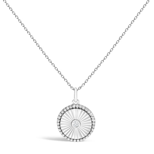 10K White Gold Diamond Fluted Medallion Pendant Necklace