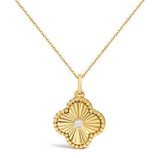 10K Yellow Gold Diamond Fluted Clover Pendant Necklace