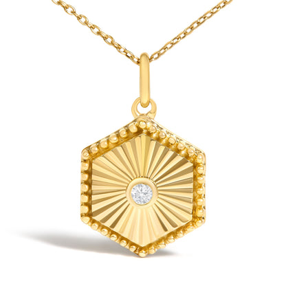 10K Yellow Gold Diamond Accent Hexagonal Fluted Medallion Pendant Necklace