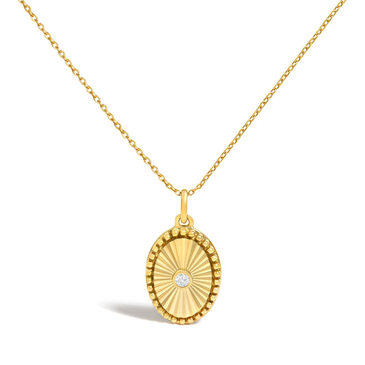 10K Yellow Gold Diamond Oval Fluted Medallion Pendant Necklace