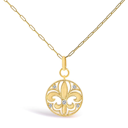 14K Yellow Gold 1/4 Cttw Round Diamond Openwork Fleur de Lis Medallion Pendant Necklace