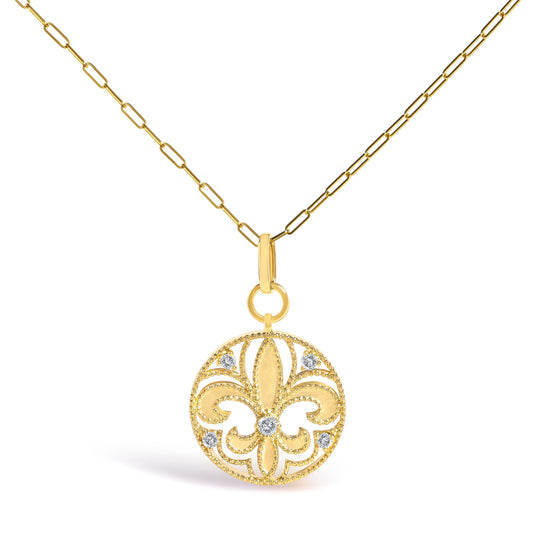 14K Yellow Gold Diamond Fleur-de-Lis Medallion Pendant Necklace