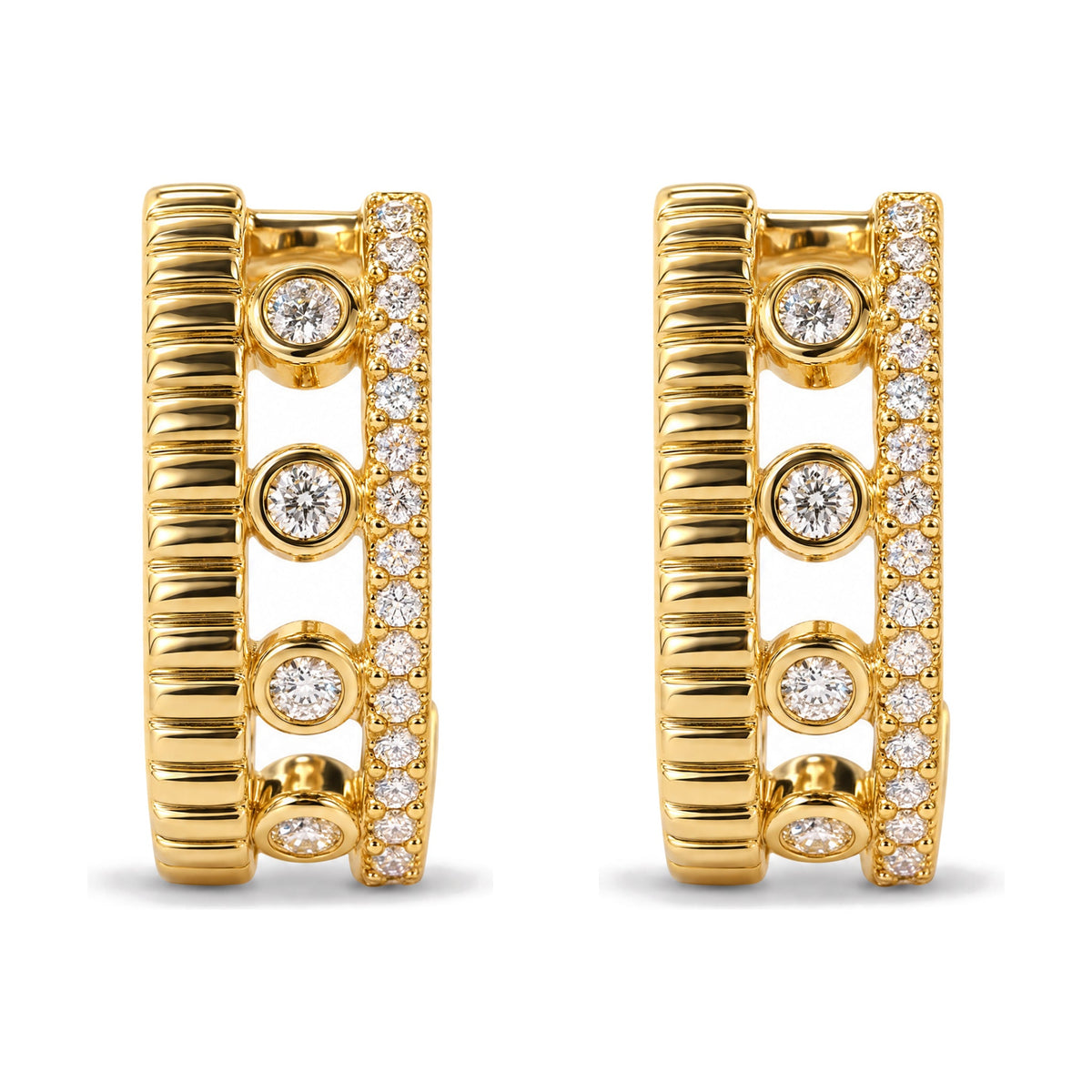 10K Yellow Gold 1/5 Cttw Diamond 3 Row Huggie Hoop Earring